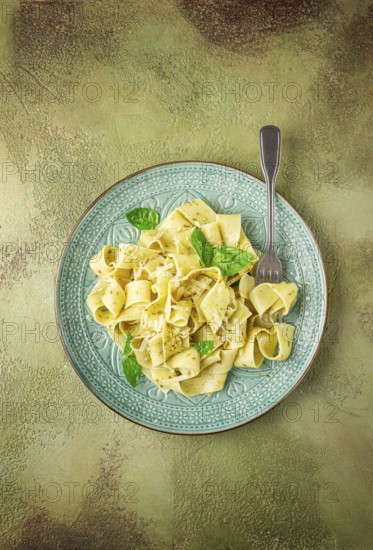 Pasta papardelle, with pesto and parmesan cheese, homemade, no people