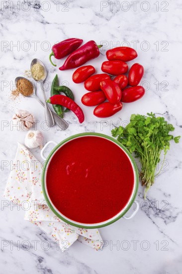 Georgian Satsebeli sauce, made from tomatoes and sweet peppers, with spices, homemade, no people