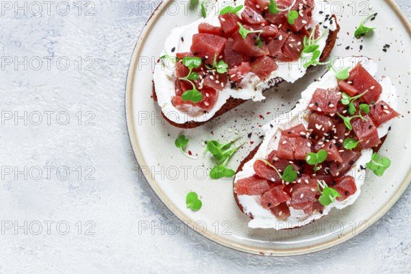 Sandwiches, rye bread with cream cheese, sliced tuna fillet with herbs, breakfast, homemade