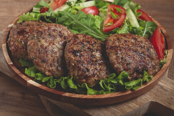 Fried cutlets, mixed minced meat, with vegetable salad, homemade, top view, no people