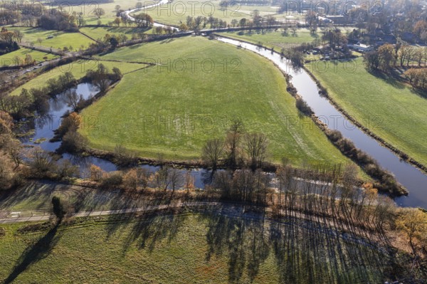 Aerial view, river Aller east of Celle, stream surrounded by meadows, Celle, Lower Saxony, Germany