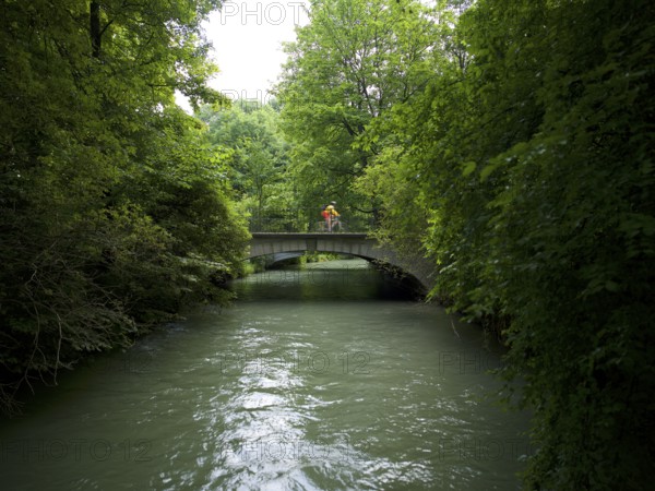 Cyclist rides across bridge, Schwabinger Bach, Englischer Garten, Munich, Bavaria, Germany