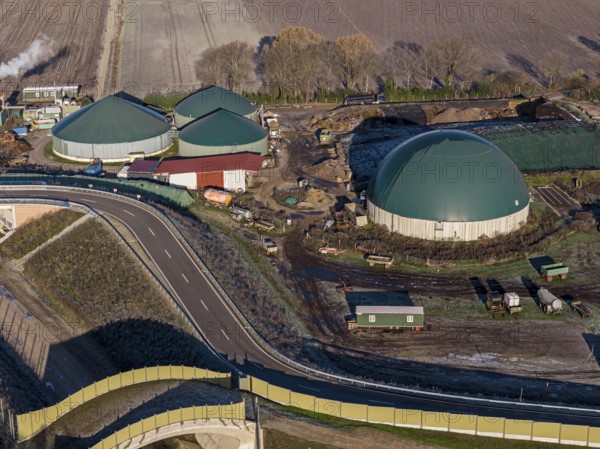 Aerial view of construction site, new bridge is build as part of bypass road, Celle, Germany
