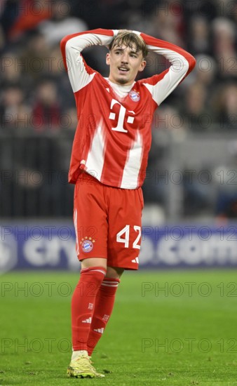 Lennart Karl Bayern Muenchen FCB (42) Disappointment disappointed after missed goal opportunity Gesture Gesture Champions League, Allianz Arena, Munich, Bavaria, Germany