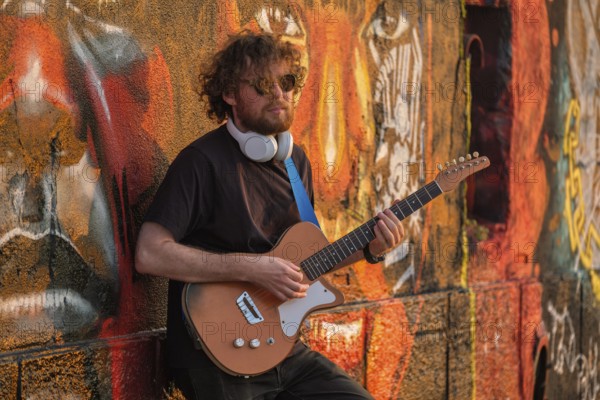 Hipster street musician in black playing electric guitar in the street on sunset leaning on a painted wall