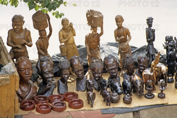 Carvings, wood carving stand at Lilongwe market, Malawi, Africa, June 2000, vintage, retro, old, historic