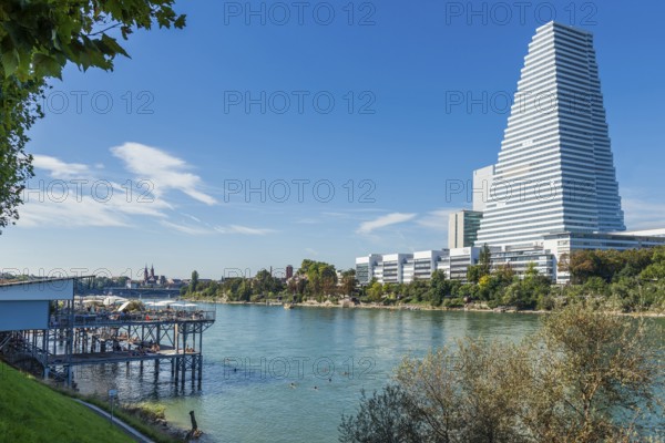 Basel Rheinbad with a view of the Roche Tower, Rhine, Basel