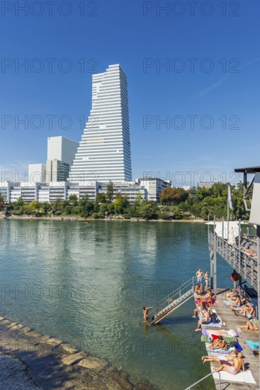 Basel Rheinbad with a view of the Roche Tower, Rhine, Basel