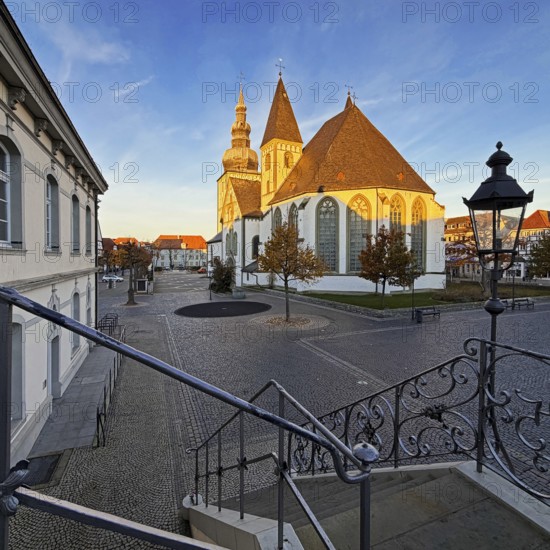 Great St. Mary's Church seen from City Hall at sunrise, Rathausplatz, Lippstadt, North Rhine-Westphalia, Germany