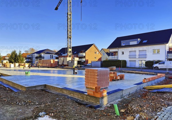 Construction site with finished cast foundation for an apartment building, Lippstadt, North Rhine-Westphalia, Germany