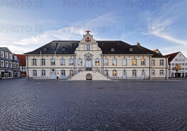Large, empty town hall square with town hall, Lippstadt, North Rhine-Westphalia, Germany