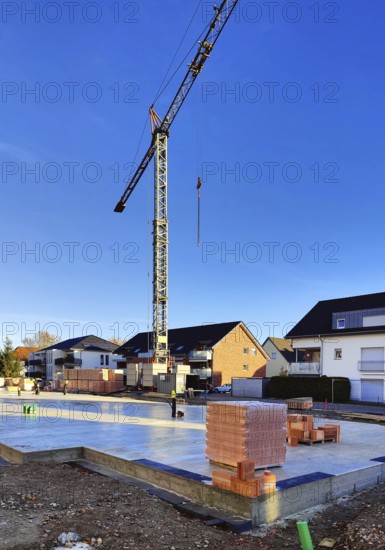 Construction site with finished cast foundation for an apartment building, Lippstadt, North Rhine-Westphalia, Germany
