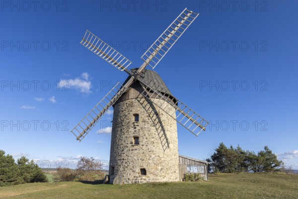 1855 Warnstedter MÃ¼hle, TeufelsmÃ¼hle, stone windmill in the village Warnstedt, Thale, Harz district, Saxony-Anhalt, Sachsen-Anhalt, Germany