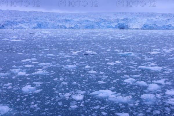 Calving Lilliehöökbreen glacier and resulting ice field in the Lilliehöök Fjord, Lilliehöökfjorden, Albert I Land, Spitsbergen, Svalbard