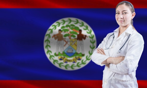 Female doctor on Belizean flag. Doctor with crossed arms on Belize flag. Belizean health and care concept