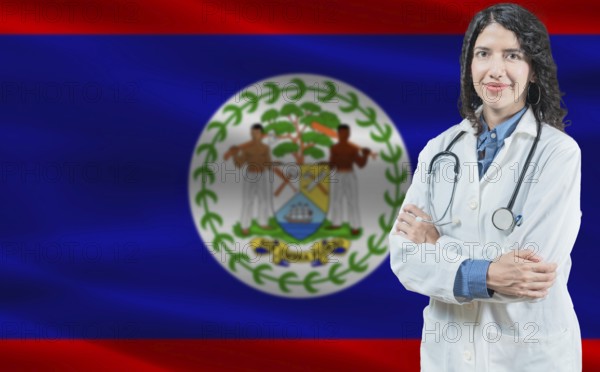 Belizean medicine and healthcare concept. Doctor close up against Belize flag background