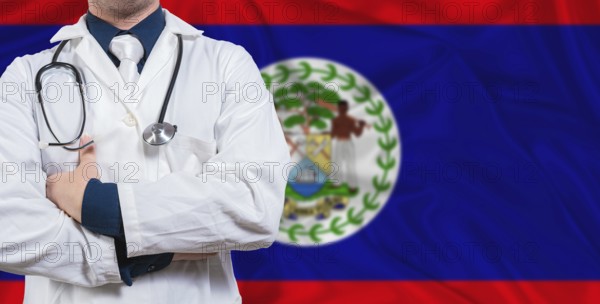 Male doctor with stethoscope on Belize flag. Doctor holding stethoscope on Belize flag