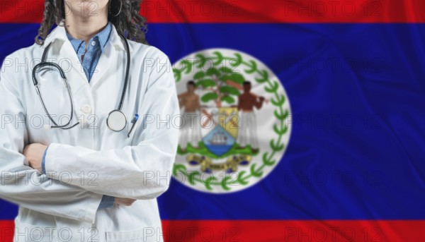 Medical professional on Belize flag. Healthcare and wellness in Belize, Concept