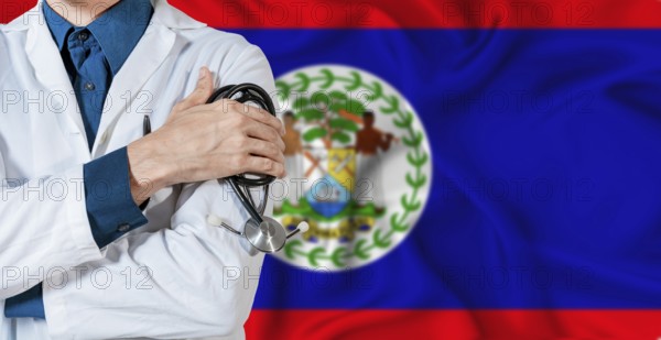 Belize National healthcare. Male doctor on Belizean flag. Doctor with crossed arms on Belize flag