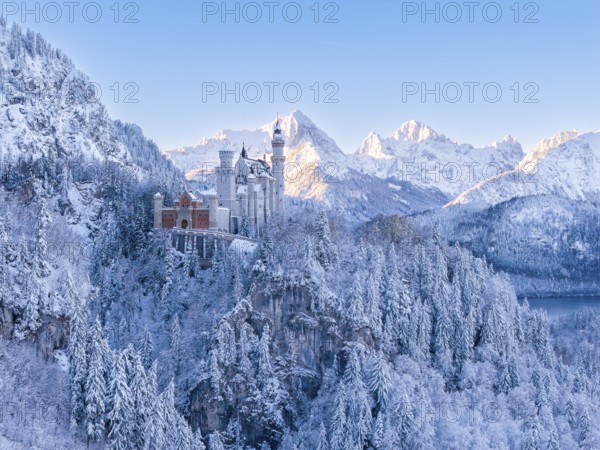 Neuschwanstein Castle in the blue winter light, surrounded by snow-capped mountains and quiet forests. Majestic, Schwangau near FÃ¼ssen, OstallgÃ¤u, AllgÃ¤u, Bavaria, Germany