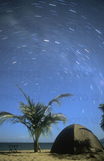 Long exposure, palm tree, tent, beach, starry sky at Kande Beach on Lake Malawi, Malawi, Africa, July 2000, vintage, retro, old, historic