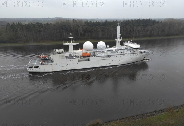 Reconnaissance ship, interception ship, naval vessel, FS Dupuy de Lome in the Kiel Canal, NOK, Kiel Canal, Schleswig-Holstein, Germany, drone shot