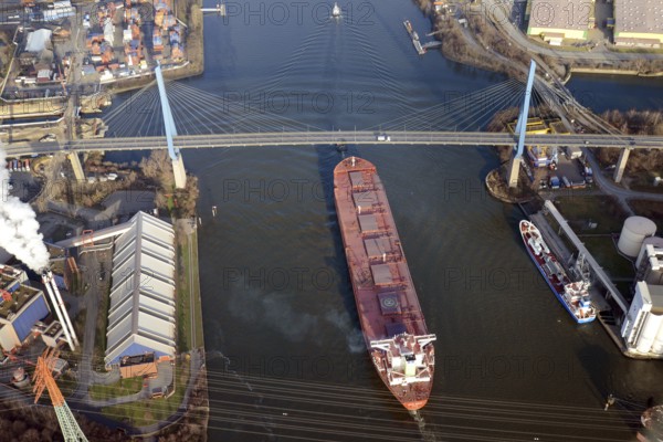 Ore freighter, Köhlbrand bridge, new building, demolition, ship, trade ship, freighter, bulk, aerial view, logistics, transport route, Hamburg, Germany