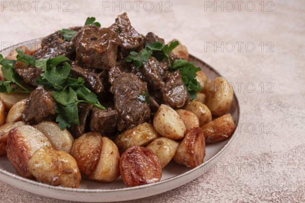 Kuyrdak, roast offal with potatoes and fresh herbs, homemade in Kazakh, no people