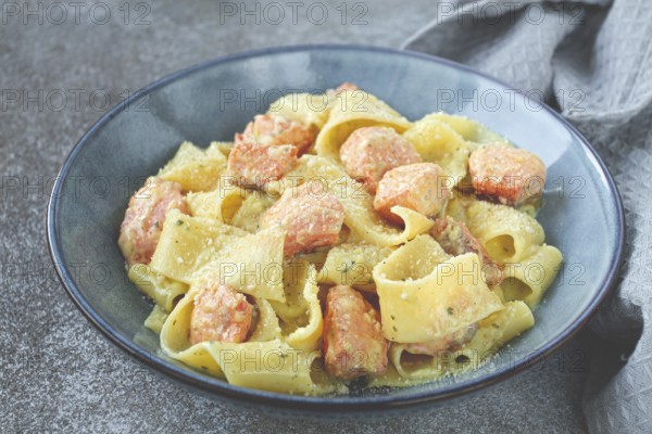 Papardelle pasta, in creamy sauce with salmon, natural light, lifestyle, homemade, on a gray background, no people
