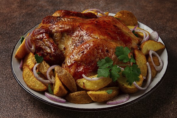 Fried, baked chicken, in the oven, with spices, and rustic potatoes, top view, homemade