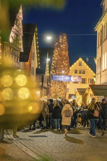 Festive night atmosphere at a Christmas market with illuminated Christmas tree and crowd, Christmas market 2025, Nagold, Black Forest, Calw district, Germany