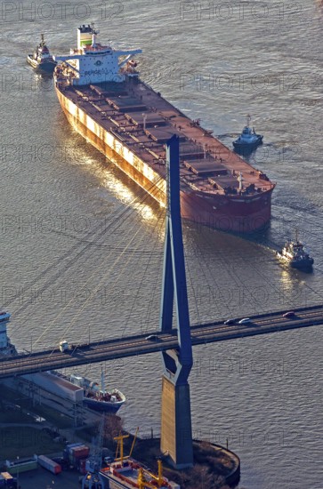 Köhlbrand bridge, seagoing vessel, merchant ship, bulk, Köhlbrand, passage, pier, bridge, new building, tug, logistics, transport, coal, ore, rare earths, aerial view, Hamburg, Germany