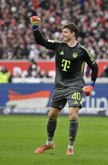Goalkeeper Jonas Urbig FC Bayern Munich FCB (40) Goal celebration MHPArena, MHP Arena Stuttgart, Baden-WÃ¼rttemberg, Germany