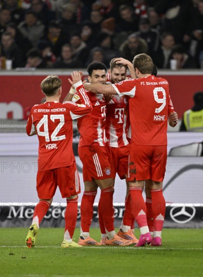 Goal celebration Lennart Karl Bayern Munich FCB (42) Harry Kane FC Bayern Munich FCB (09) Josip Stanisic FC Bayern Munich FCB (44) Luis Diaz FC Bayern Munich FCB (14) MHPArena, MHP Arena Stuttgart, Baden-WÃ¼rttemberg, Germany
