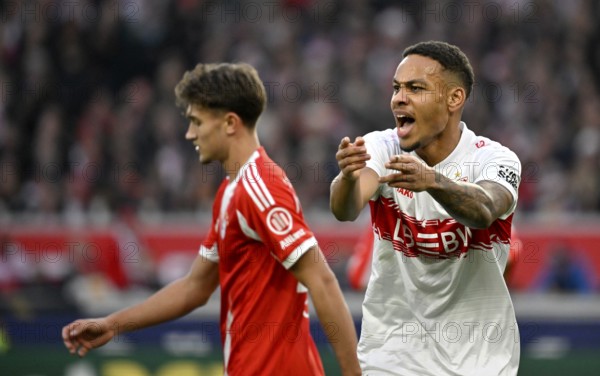 Nikolas Nartey VfB Stuttgart (28) angry gesture gesture Tom Bischof FC Bayern Munich FCB (20) MHPArena, MHP Arena Stuttgart, Baden-WÃ¼rttemberg, Germany