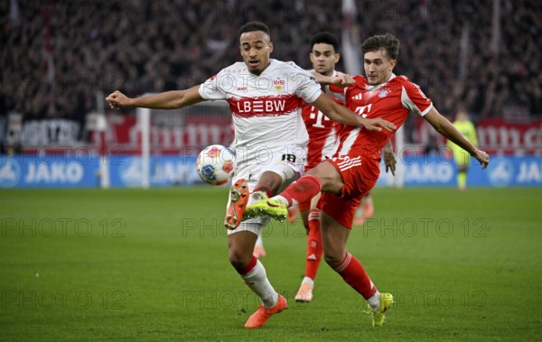 Duel, action Foul Tom Bischof FC Bayern Munich FCB (20) against Jamie Leweling VfB Stuttgart (18) behind Luis Diaz FC Bayern Munich FCB (14) MHPArena, MHP Arena Stuttgart, Baden-WÃ¼rttemberg, Germany