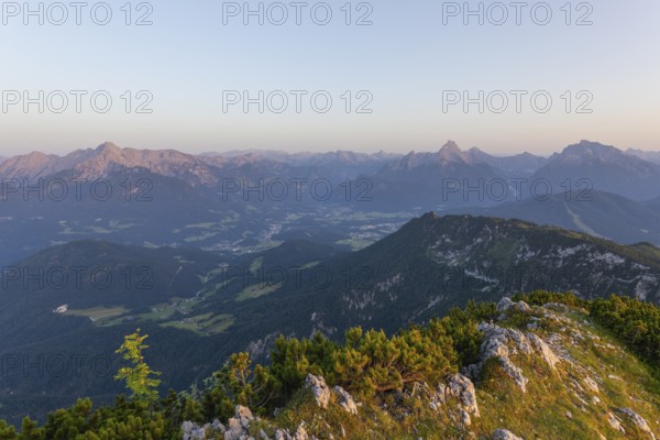 At the Berchtesgaden High Throne in summer at sunset, view of Watzmann. Untersberg, Berchtesgadener Land