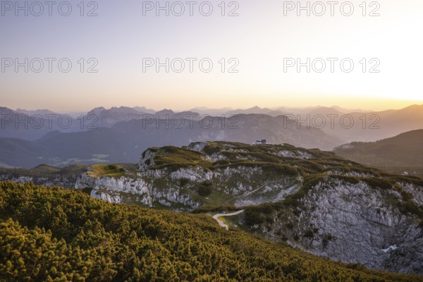 At the Berchtesgaden High Throne in summer at sunset, view of the StÃ¶rhaus on Untersberg. Berchtesgadener Land