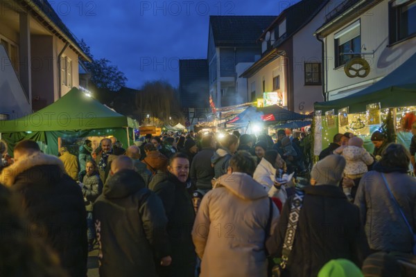 Closely packed visitors enjoy the evening market atmosphere between tents and lights, Aidlingen Christmas market, Böblingen district, Germany