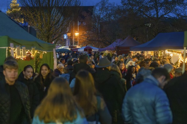 Crowd of people at various market stalls at night, Aidlingen Christmas market, Böblingen district, Germany
