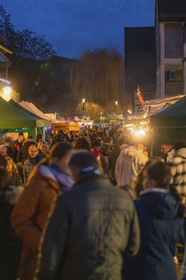 People stroll between glowing market stalls and trees at the Christmassy evening market, Aidlingen Christmas market, Böblingen district, Germany
