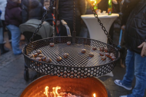 Cosy grilling of chestnuts at a market in the evening, Aidlingen Christmas market, Böblingen district, Germany