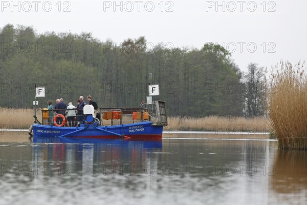 Passenger ferry on the Peene near Stolpe while translating, tourism, Peenetal nature park Park, Mecklenburg-Western Pomerania, Germany