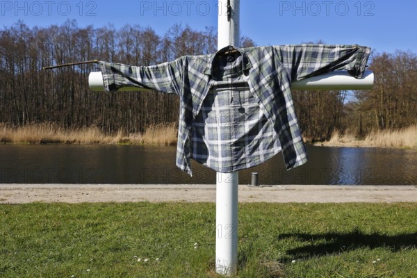 Clothes hung to dry by a nature photographer, washing clothes under outdoor conditions, Peenetal nature park Park, Mecklenburg-Western Pomerania, Germany