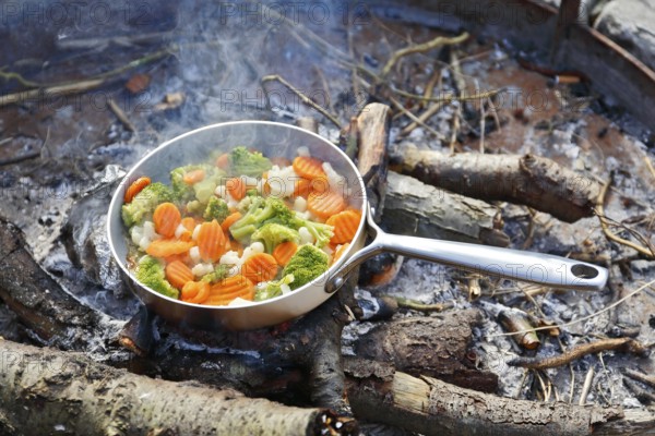 Eating a nature photographer, preparing a meal over an open fire, Peenetal nature park Park, Mecklenburg-Western Pomerania, Germany