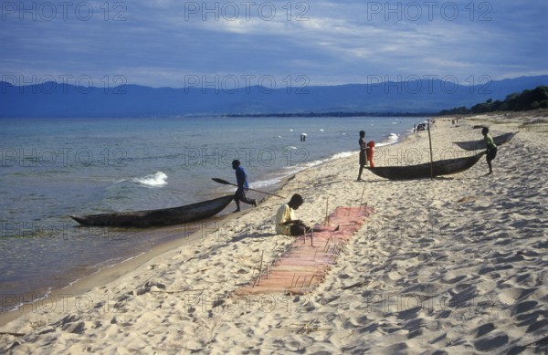 Dugout trees, fishermen at Kande Beach on Lake Malawi, Malawi, Africa, July 2000, vintage, retro, old, historic