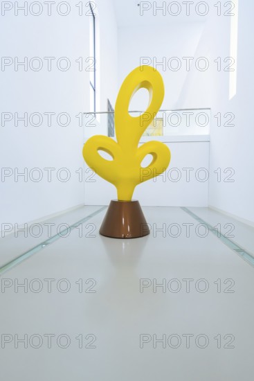 Yellow abstract sculpture in a modern, minimalistic gallery corridor, Open Horizons exhibition, Sindelfingen exhibition, Böblingen district, Germany