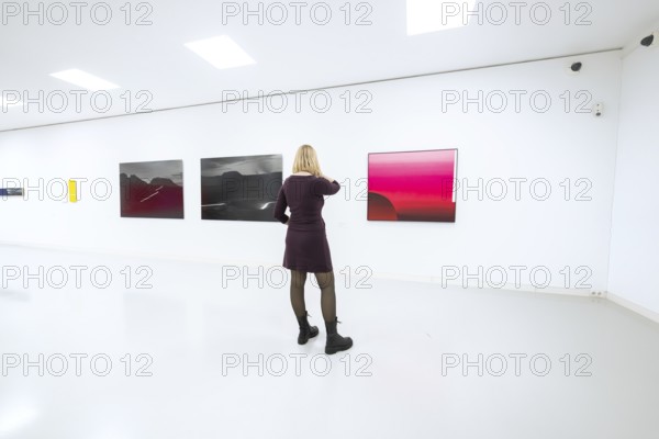 Woman looking at abstract paintings in a bright, modern art gallery, Open Horizons exhibition, Schauwerk Sindelfingen, BÃ¶blingen district, Germany