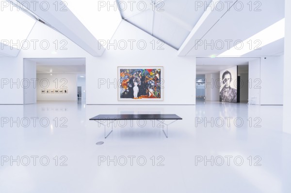 Bright, minimalistic gallery with large paintings and a bench in modern style, Open Horizons exhibition, Schauwerk Sindelfingen, BÃ¶blingen district, Germany