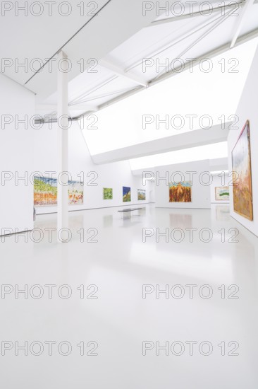 Bright art gallery with various paintings on white walls in modern design, Open Horizons exhibition, Schauwerk Sindelfingen, BÃ¶blingen district, Germany